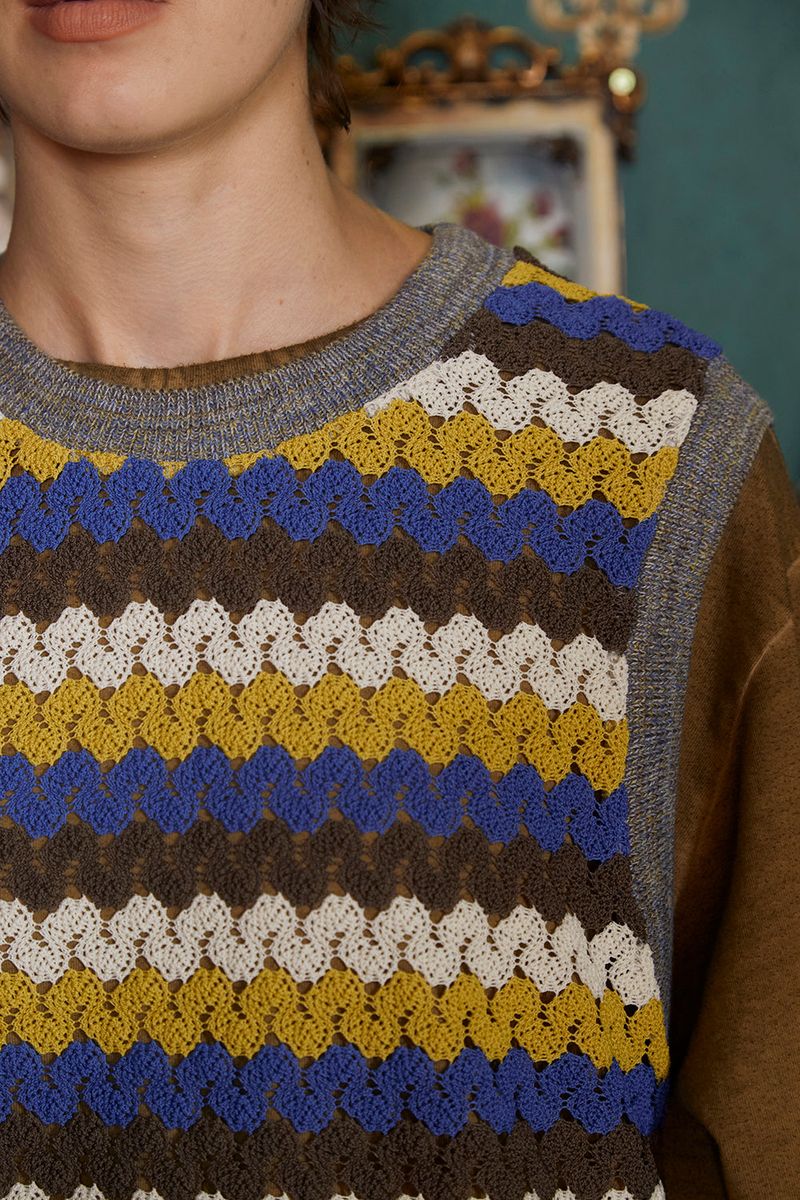 STRIPE CROCHET KNIT VEST / YELLOW