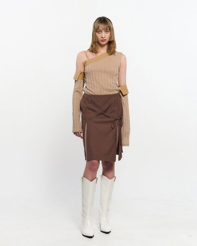 KIMZISU（キムジス）の「 Ribbon Tied Slit Skirt _ BROWN（Skirts）」