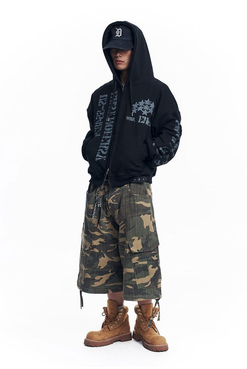 Marine Crack Print Hooded Zip-Up - Black