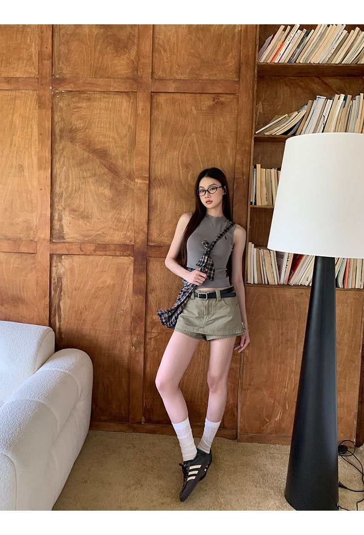 khaki cotton mini pants skirt