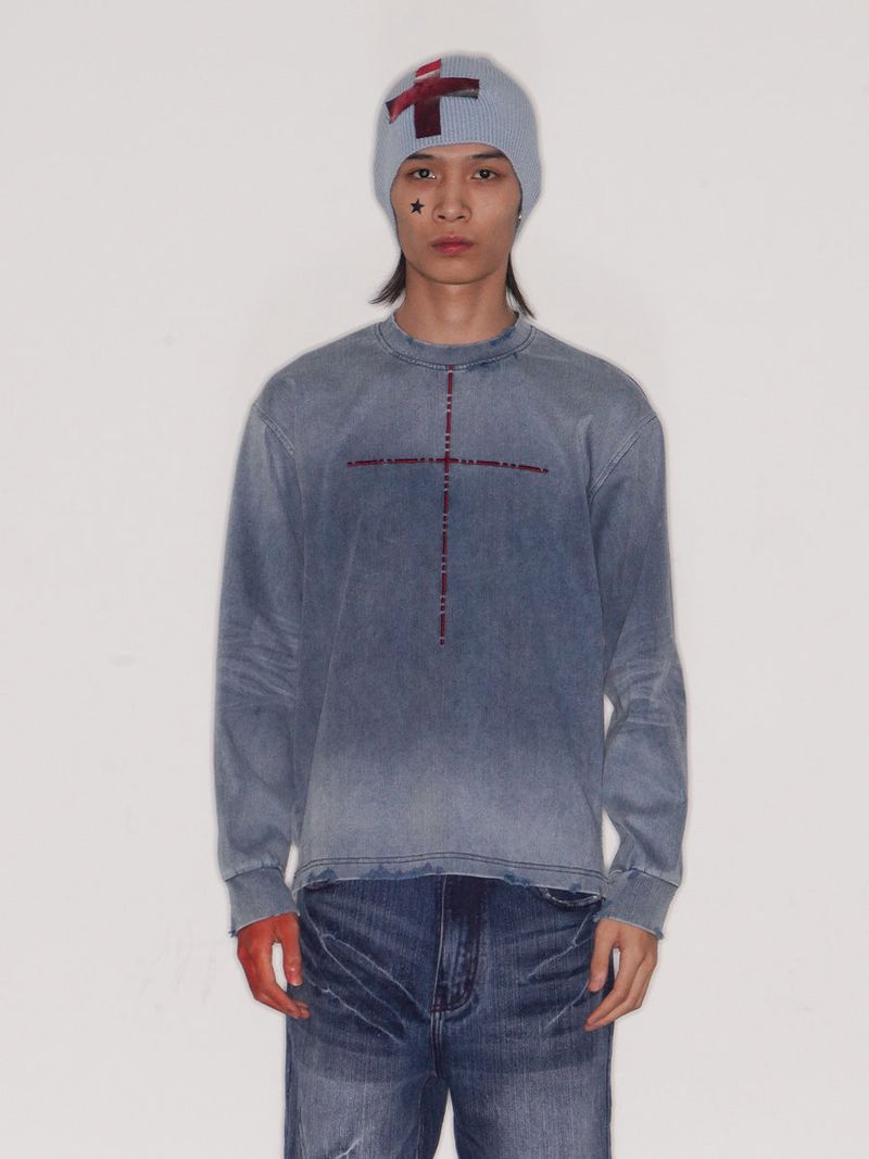 WASHED KNIT DENIM LONG SHIRT