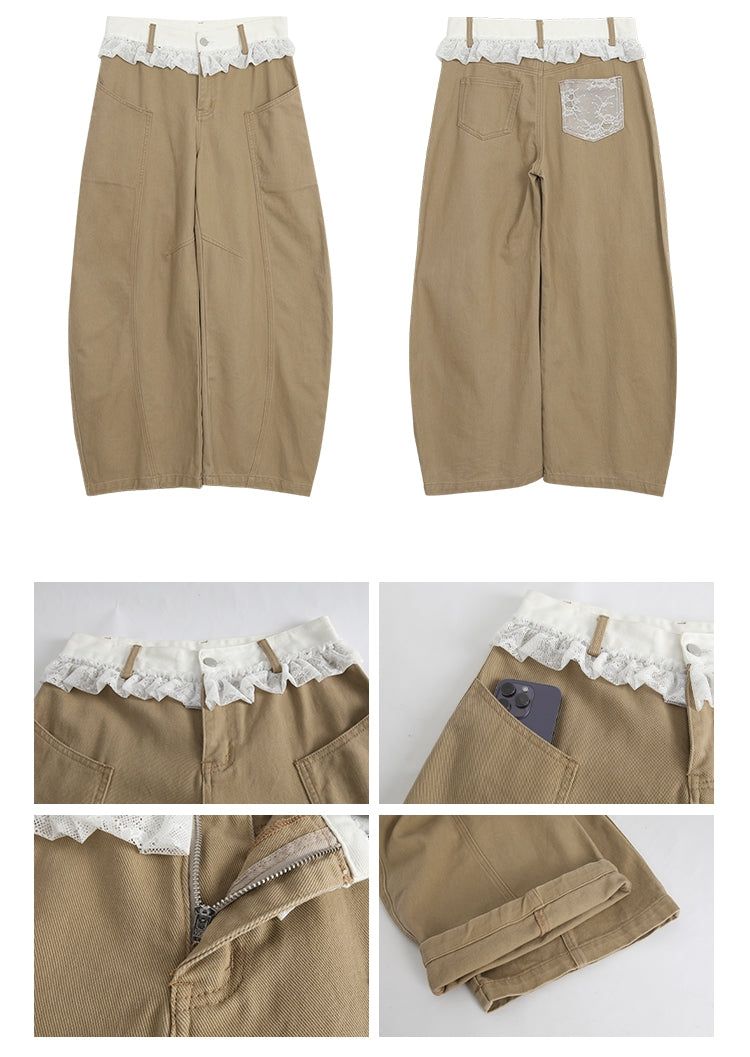Lace Beige Round Wide Cotton Pants
