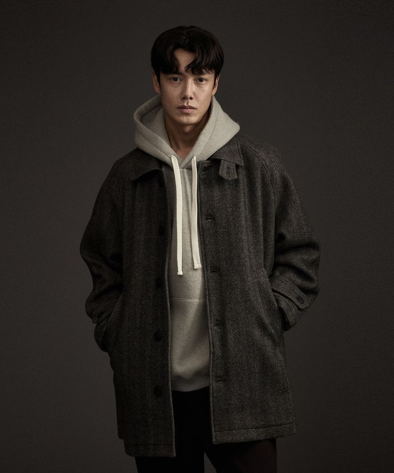 BALMACAAN HERRINGBONE WOOL CASHMERE HALF COAT BLACK