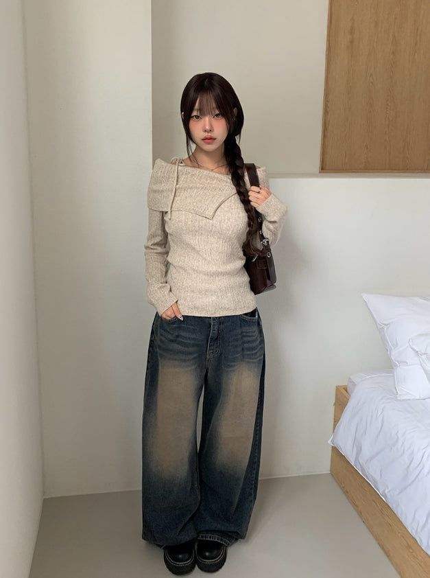 Haev ストリングリボンオフショルダーリブニット