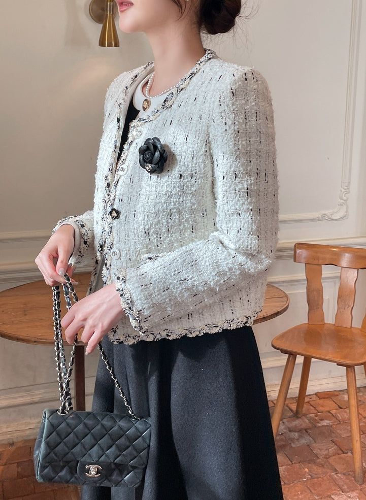 Tiang Round Color Matching Tweed Jacket (Brooch Set)