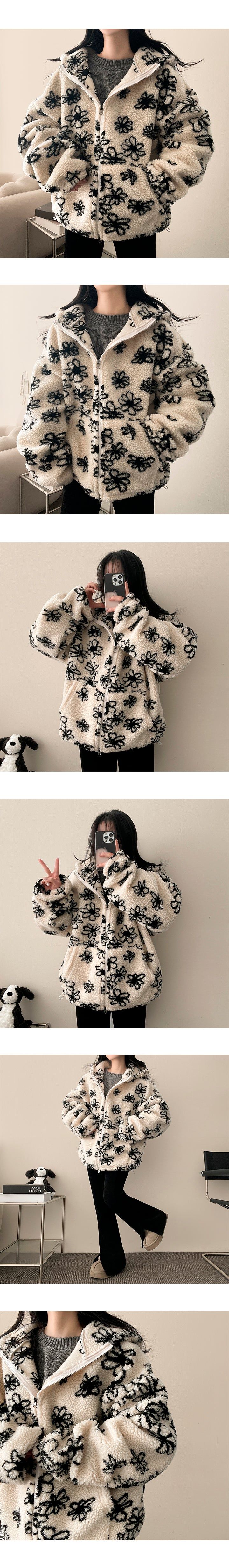 Flower Oversized Dumble Hood Zip-Up Jumper