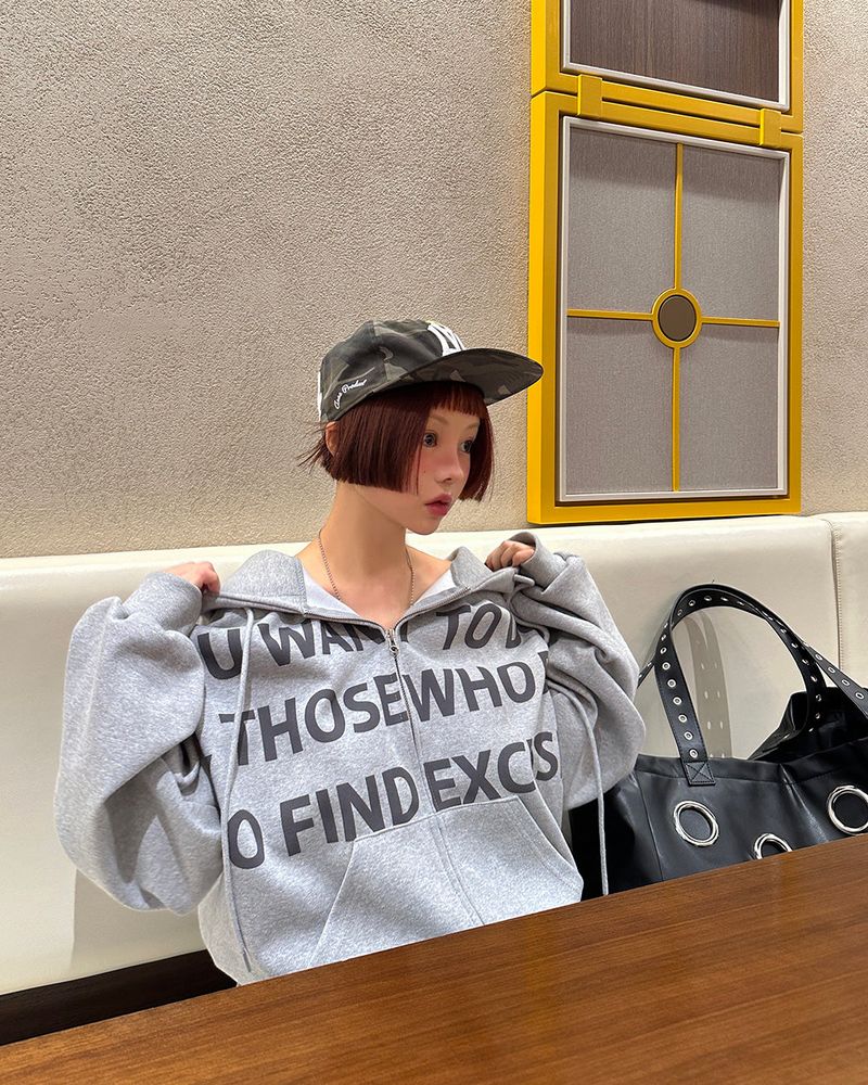 [UNISEX] One-two lettering oversized-fit hooded zip-up jacket