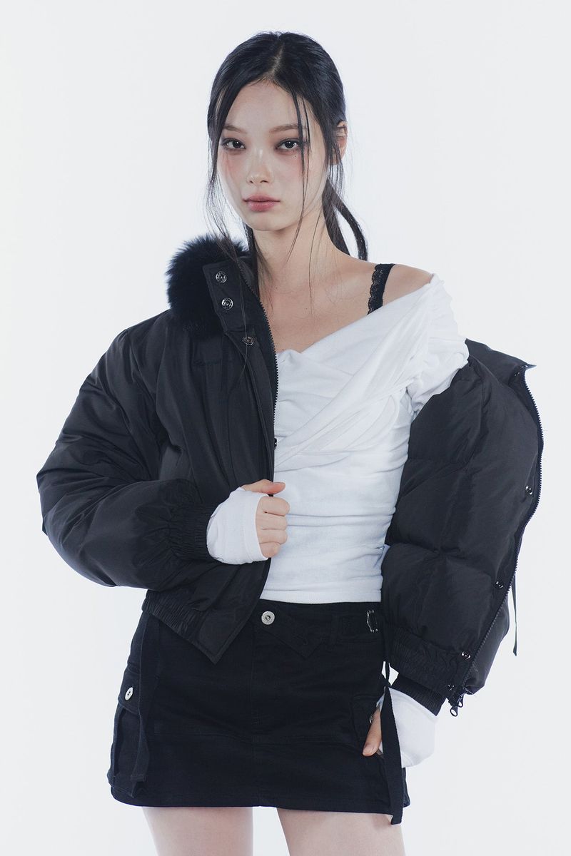 FOX FUR DOWN JACKET black