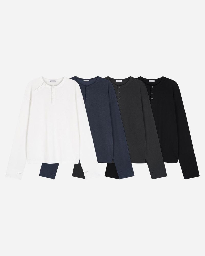 Double Washed Henley Neck Long Sleeve