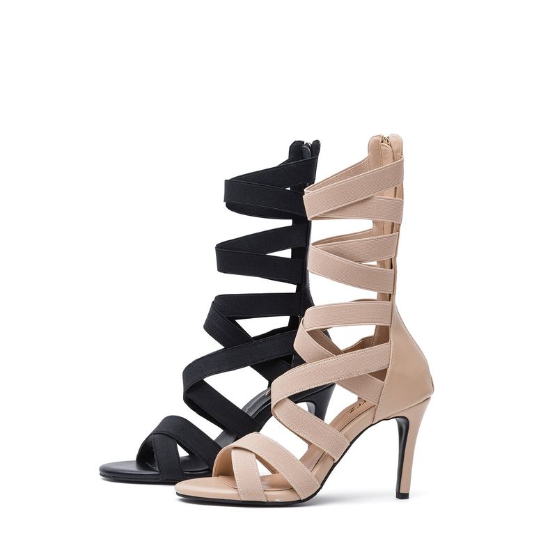 Elastic Strap Sandal Heel(Beige)