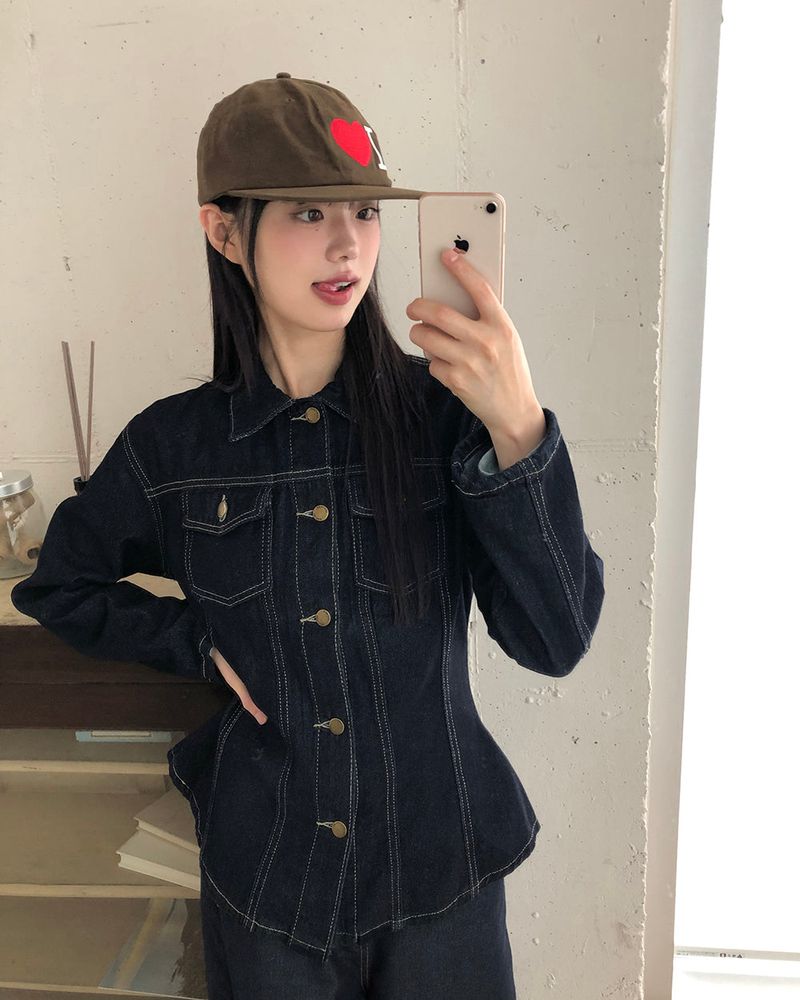 Ushi Line Pocket Denim Washed Long Sleeve Jacket