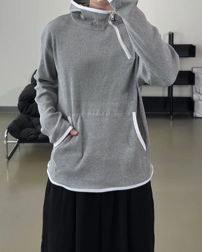Terne ribbed diagonal zipper hoodie