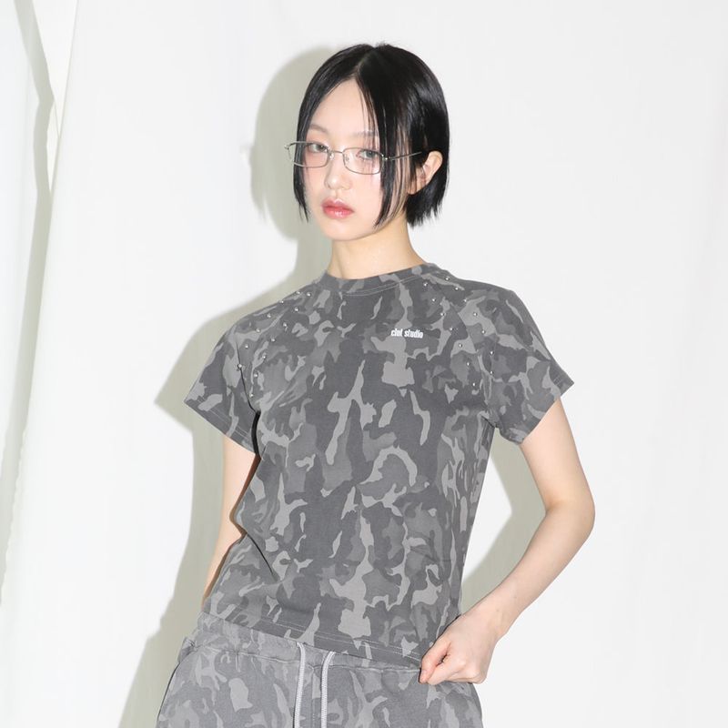 Camo Stud Half T-shirt - GREY