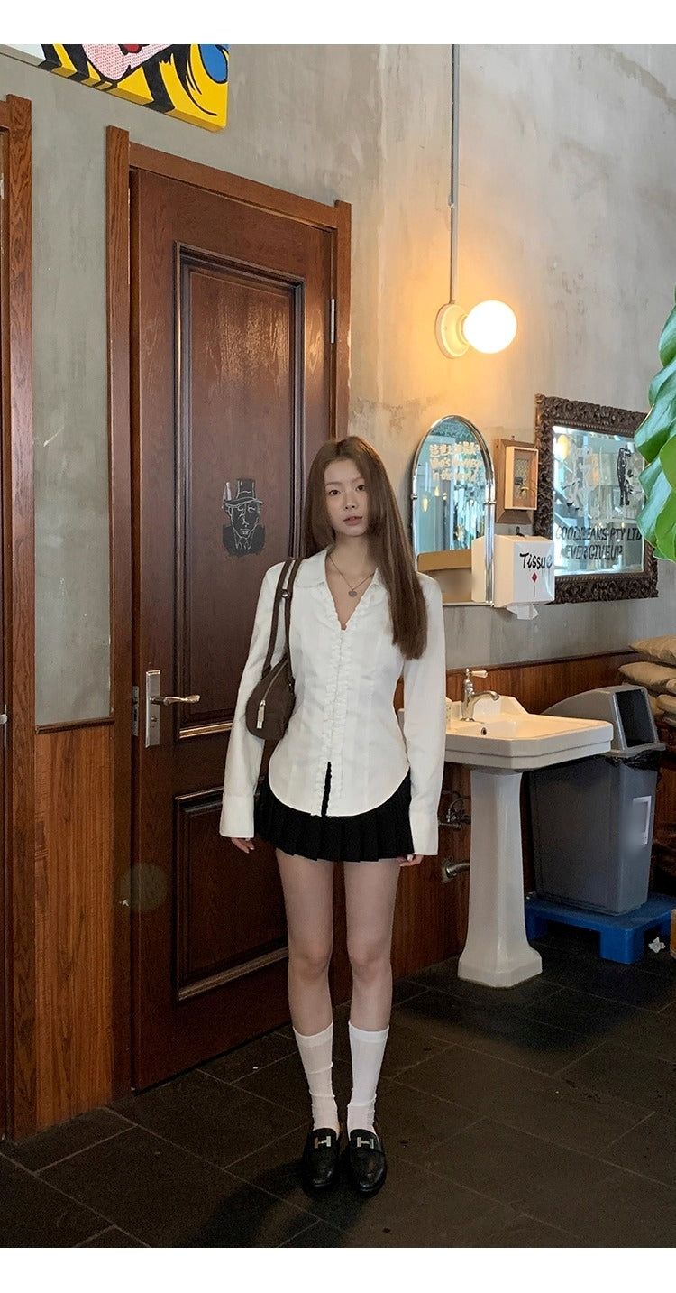 White V-neck Frill Style Long-Sleeved Shirt