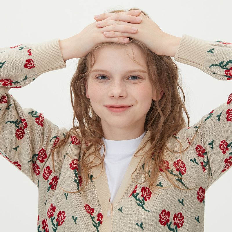 FLOWER JAQUARD KNIT CARDIGAN_BEIGE