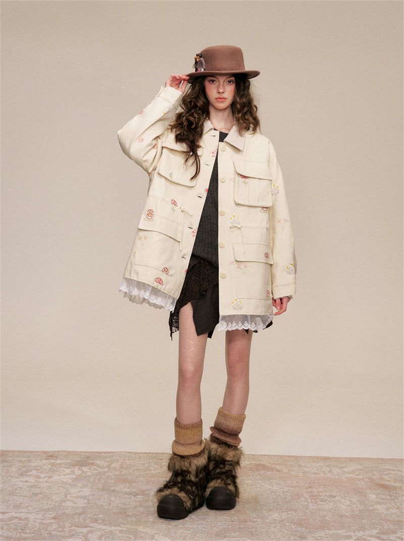 Floral Embroidery Cotton Cargo Jacket
