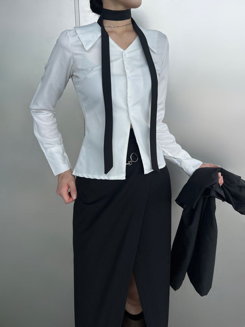 Opening V-neck basic silhouette long sleeve shirt (2 colors)