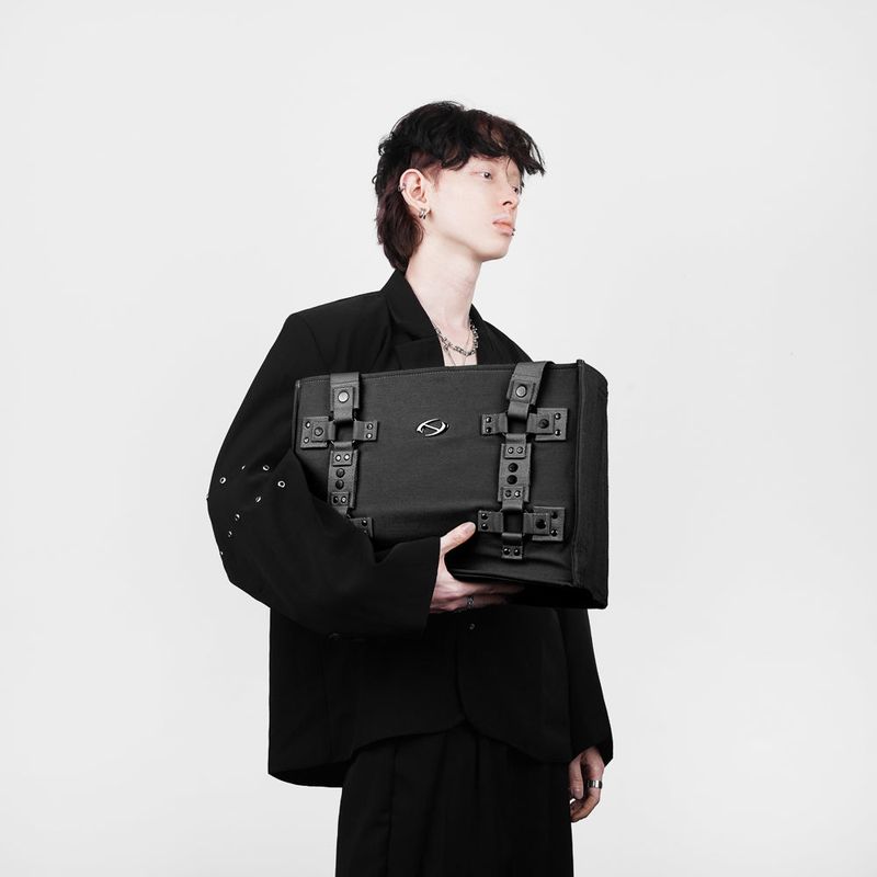 HIERARCHY STUDIOS ENE - Black Metal Plate Stud Tote Bag