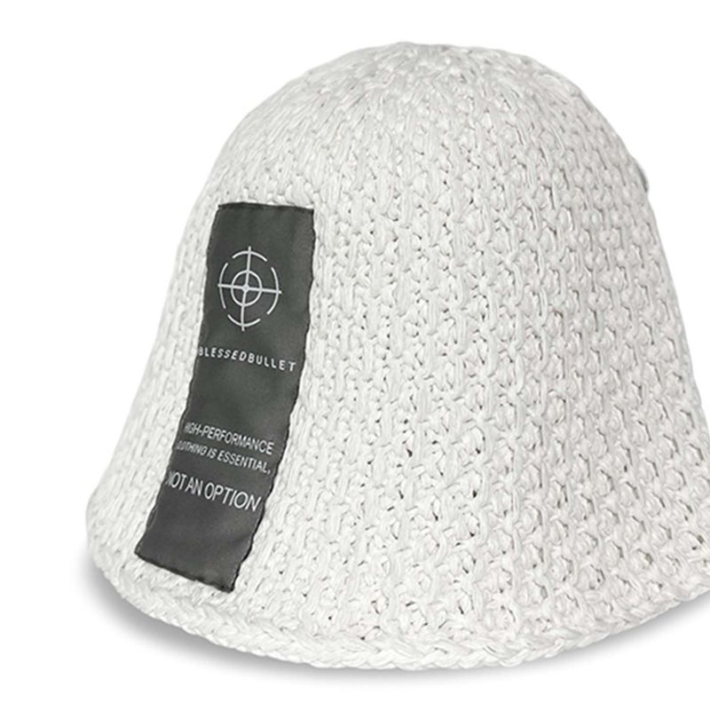 Over size long logo knit bucket hat_cold white