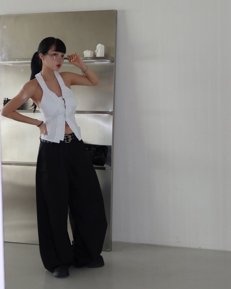 フリルホルターネックストライプシャツブラウス