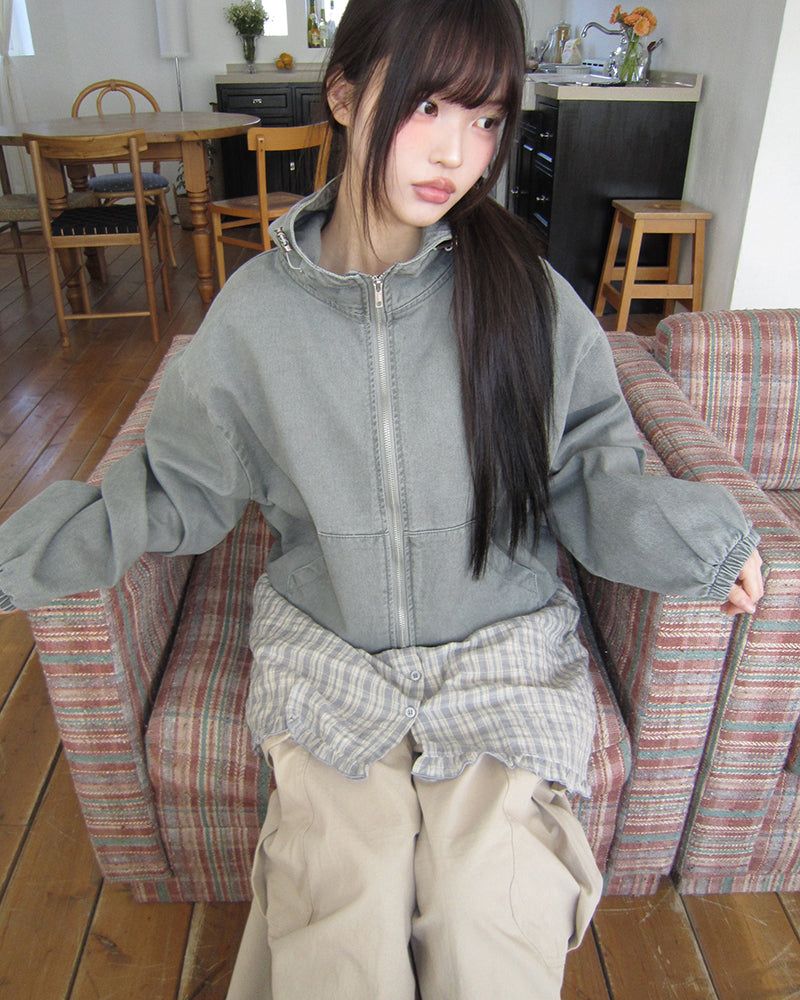 WONDER WONDER(ワンダーワンダー)の「Peon Pigment-Washed Two-Way Crop Hoodie Zip-Up(Jackets/Outerwear)」