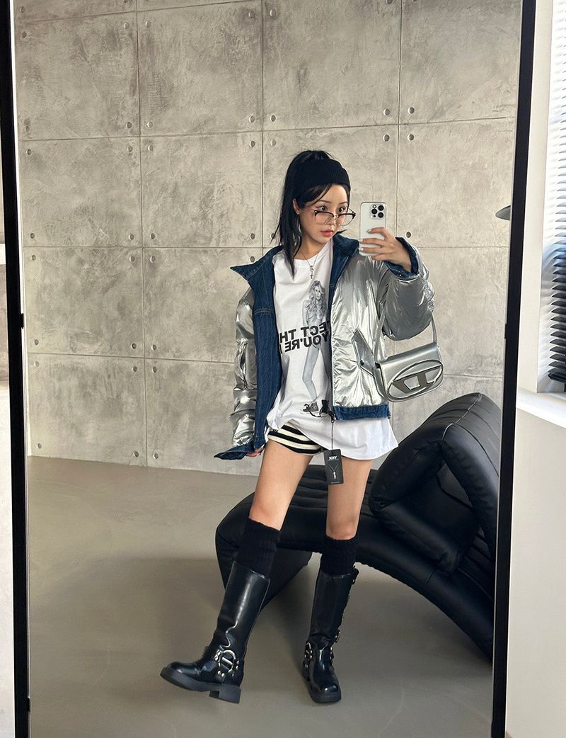 Double-sided reversible denim padded coat
