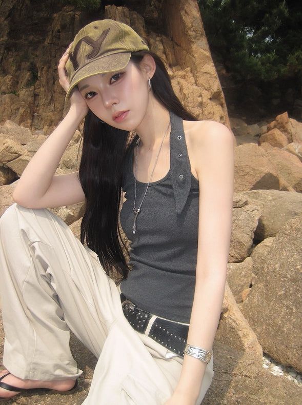 26SS★ [MADE] Pyoli Eyelet Halter Ribbed Sleeveless