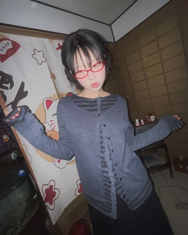 (3color) Ruffle Stripe Layered Cardigan