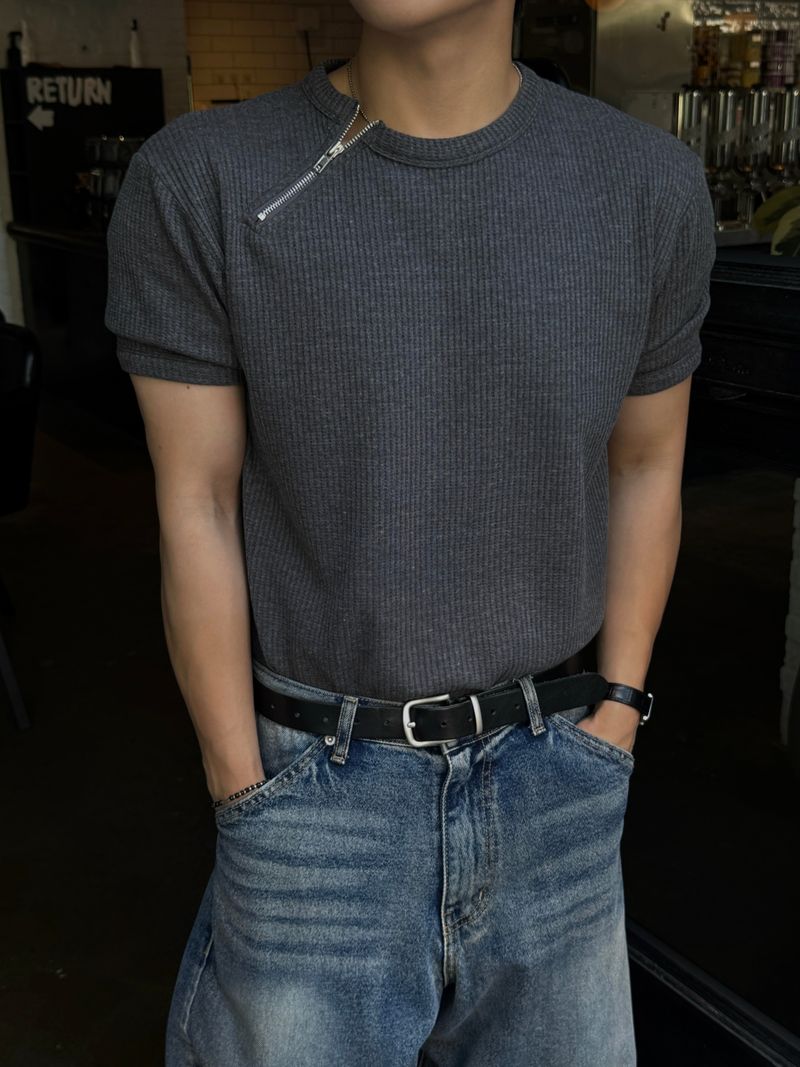 Lead waffle zipper short sleeve tee