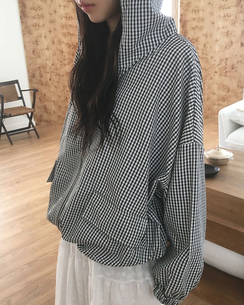 Marty Checkered Hooded Nylon Windbreaker Zip-Up Jacket