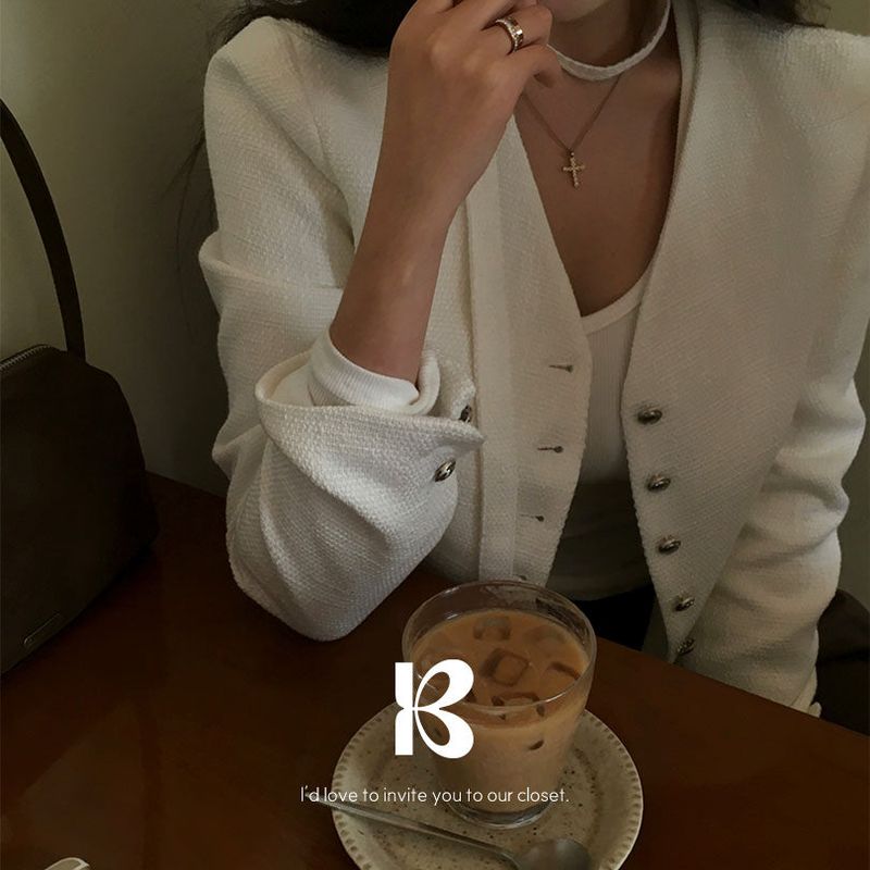 No-Collar Tweed Jacket with Tie Set