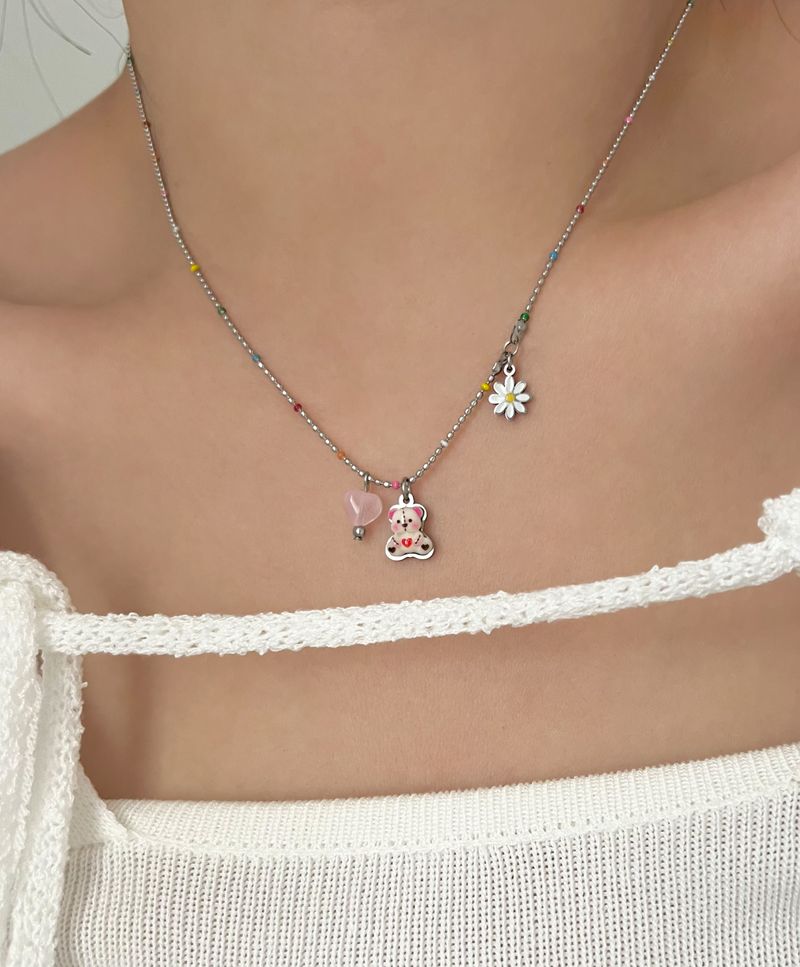gom kitsch color beads daisy bear layered necklace