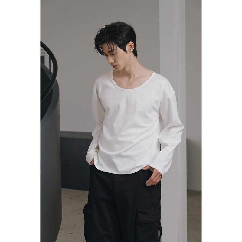 Brushed crop u neck long sleeves(White)