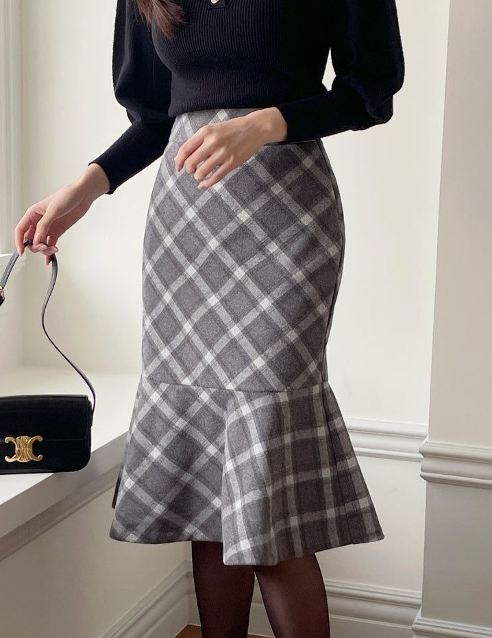 Kellin Wool Check Mermaid Midi Skirt