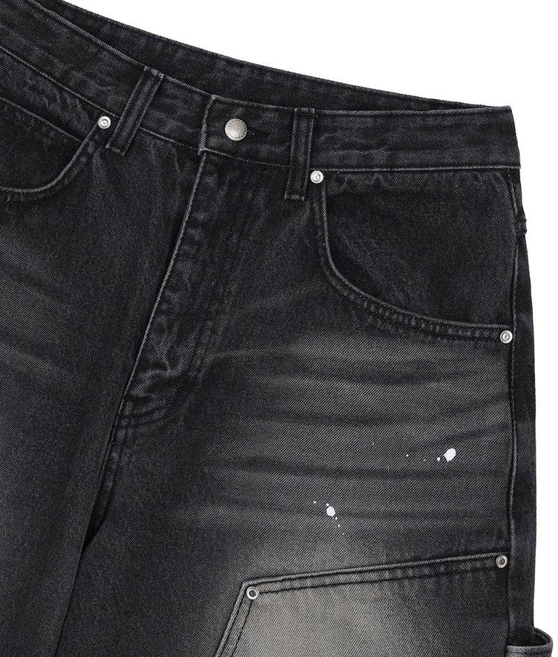 Curved Double Knee Denim Pants - Black