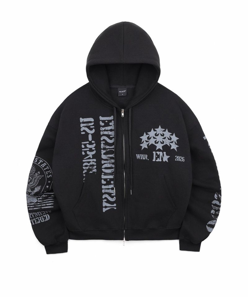 Marine Crack Print Hooded Zip-Up - Black