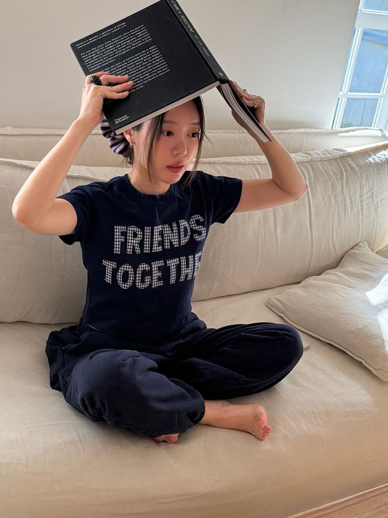 Cosymosy（コジモジ）の「 Friends Together Patchwork T Shirt - Navy (Fit Type)（Tops）」