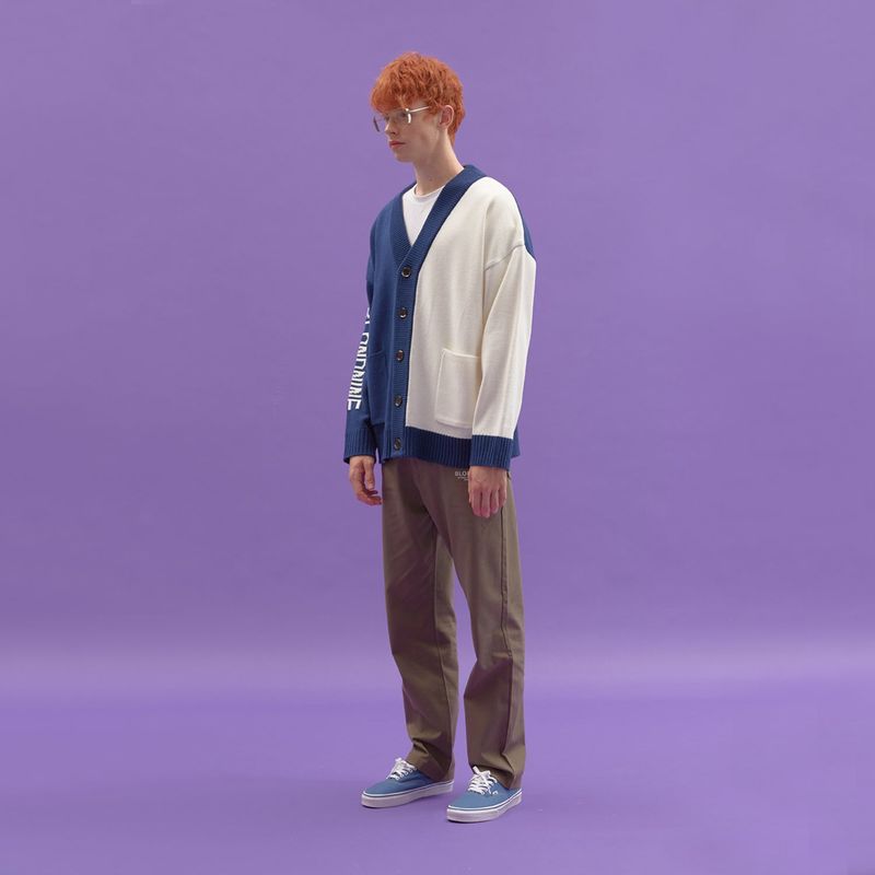 INTARSIA HALF HALF KNIT CARDIGAN_DARK BLUE