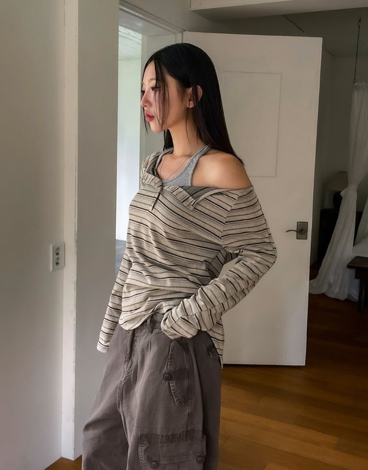 Dien Button Stripe Boat Neck Long Sleeve