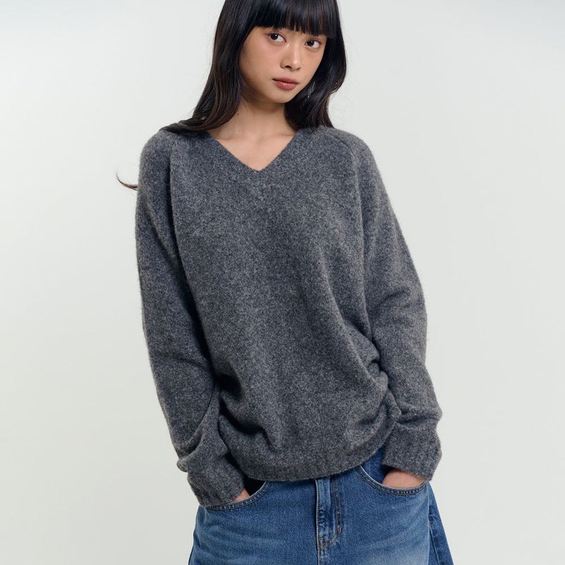 Soft Brushed V-Neck Knit Charcoal