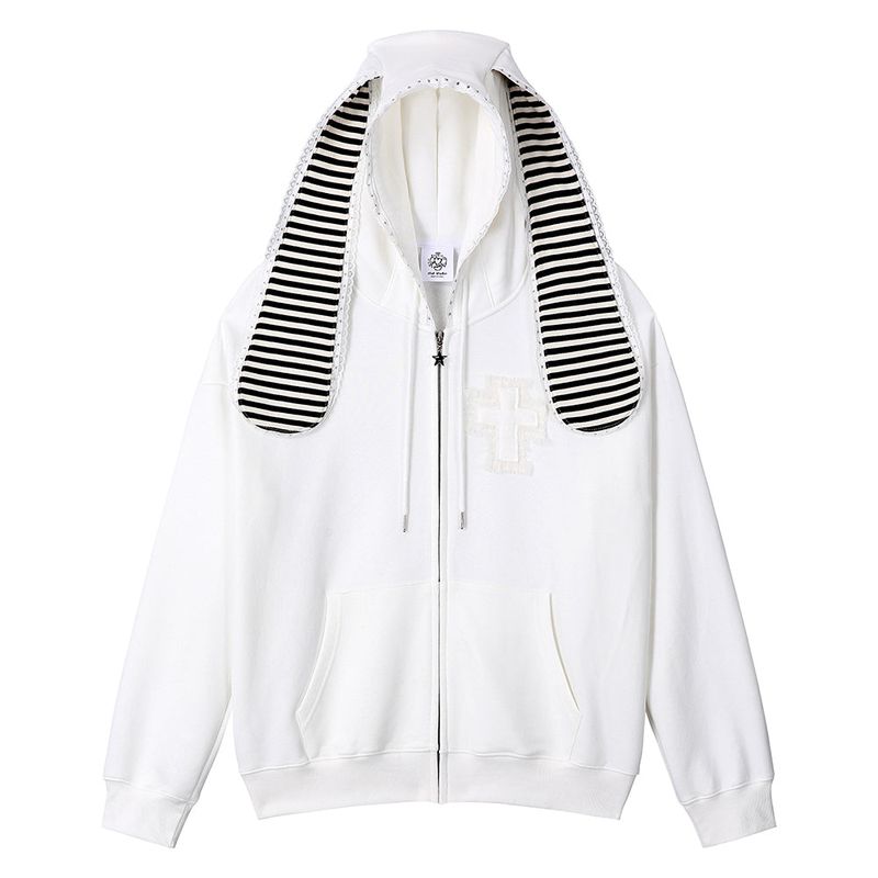 Cross Bunny Ear Zip-Up Hoodie - White