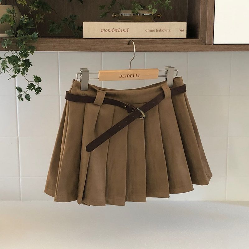 [3color] Mocha, suede pleated miniskirt