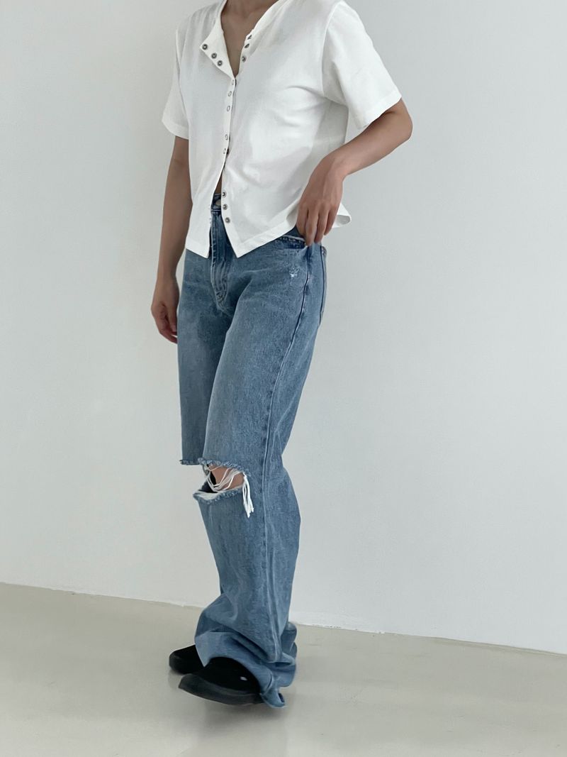 Damage cutting wide denim pants