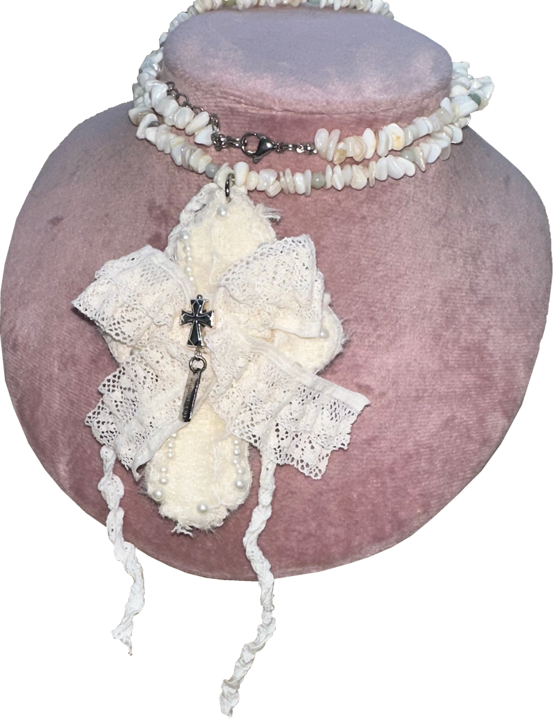 Cotton ribbon cross necklace