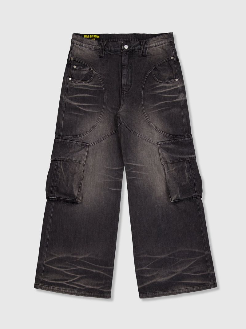 Circle Washing Denim Cargo Pants (Black)