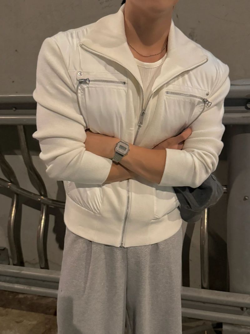 Banded zipper knit puffer jacket