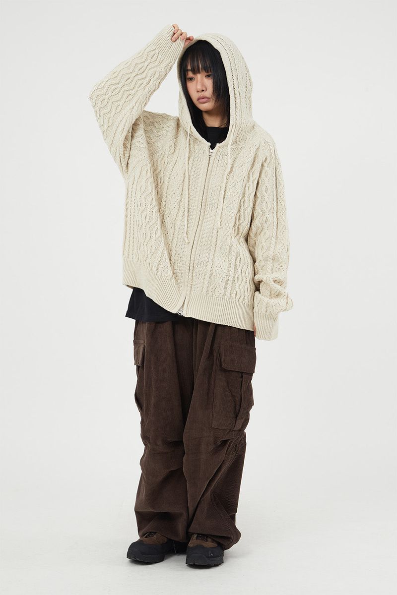 Cable twisted knit hood zip-up