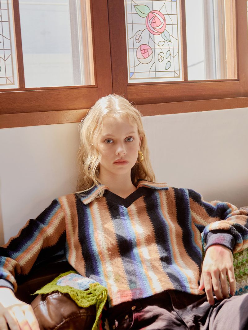 FABERFINGER(フェーバーフィンガー)の「Open Collar Stripe Knit (Orange)(Tops)」