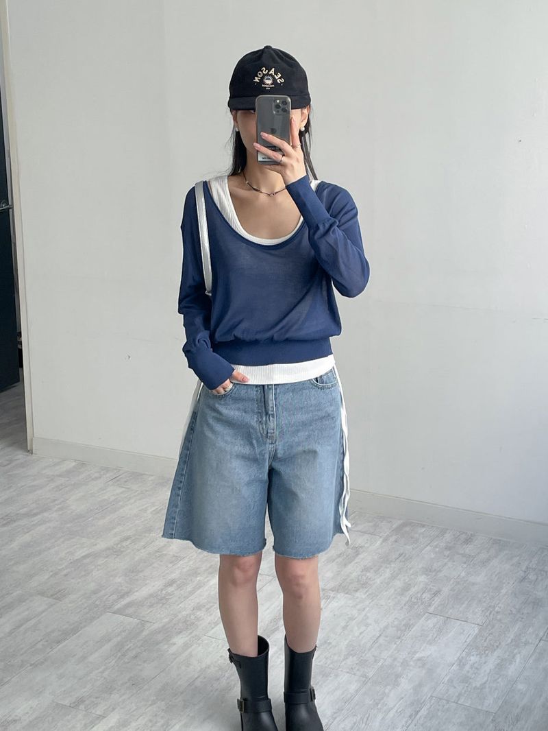 Out Half-Length Wide Denim Pants