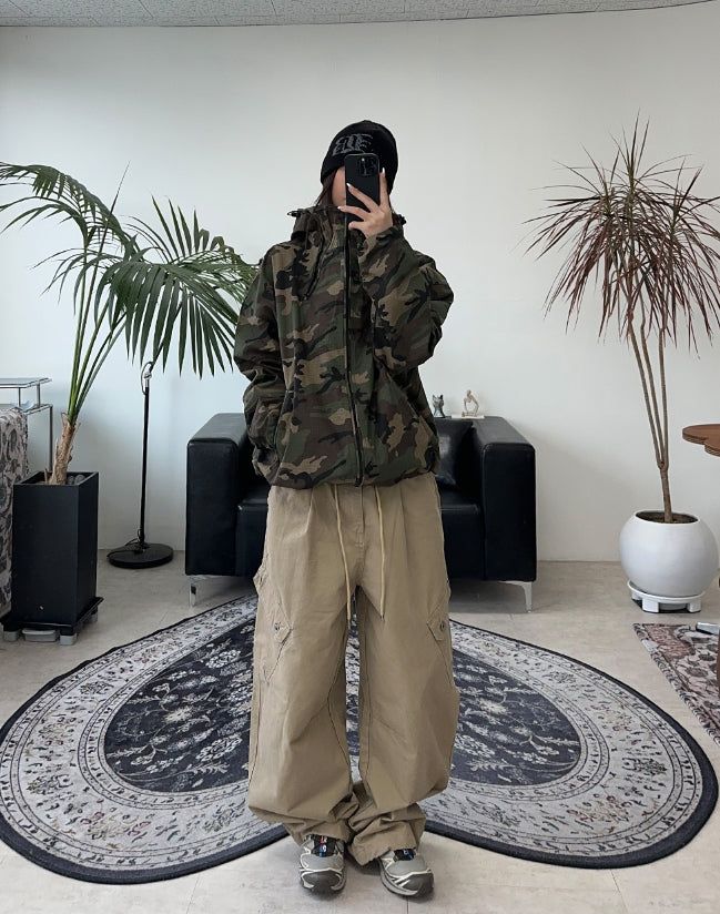Defun diagonal cargo cotton pants